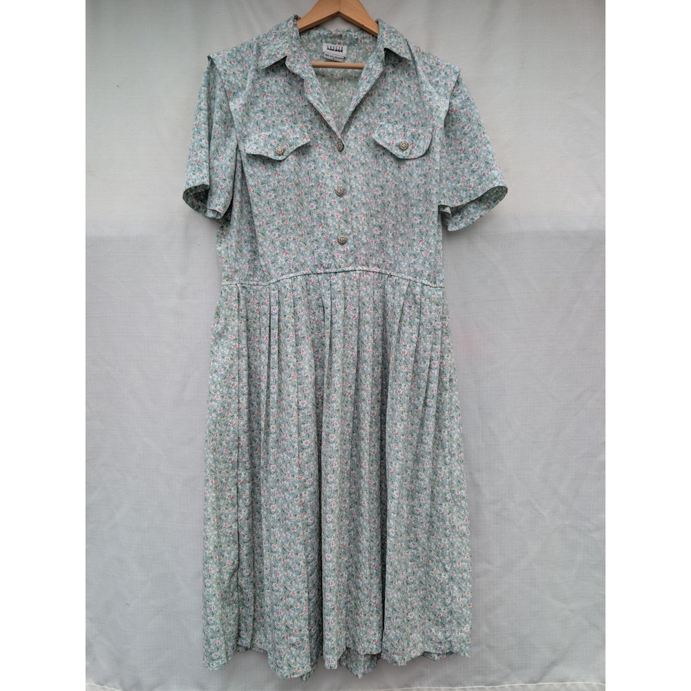 Vintage 80s Leslie Fay Dress‎ 14 Sage Green Ditsy Floral Pleated Shirtwaist Midi